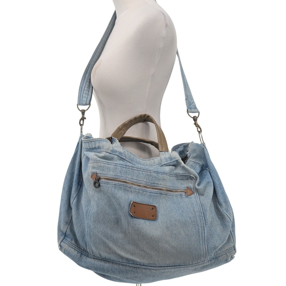 VTG 90s Capezio  Denim Duffle Bag Large Light Blue Boho Retro Grunge Distressed